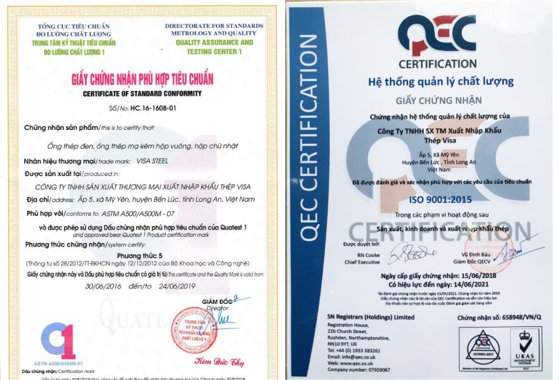Chứng nhận chất lượng thép hộp Visa