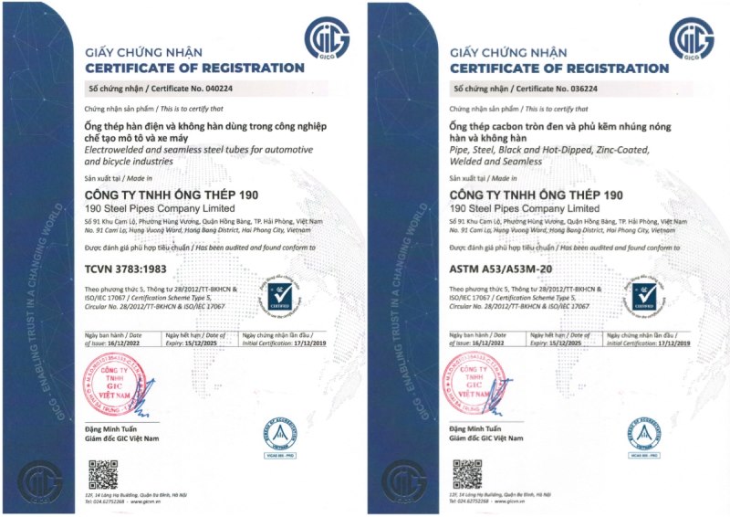 Chứng nhận chất lượng TCVN, ASTM sản phẩm thép óng 190