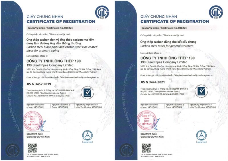 Chứng nhận chất lượng JIS sản phẩm thép óng 190