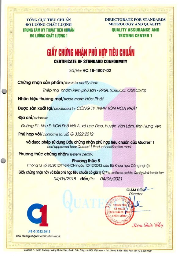 Chứng nhận JIS G3322:2012 sản phẩm tôn Hòa Phát