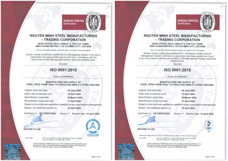 Chứng nhận ISO 9001:2015 của nhà máy thép Nguyễn Minh