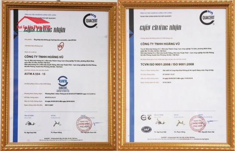 Chứng nhận chất lượng inox Hoàng Vũ