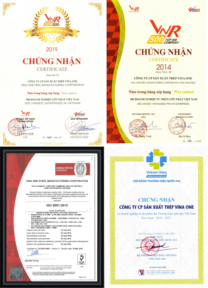 Chứng nhận chất lượng thép hình VinaOne