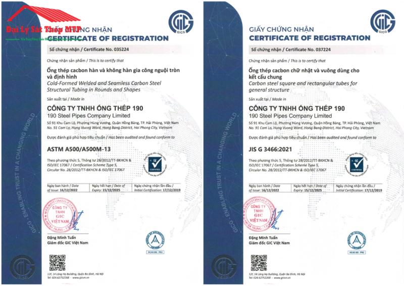 Chứng nhận chất lượng thép hộp ống thép 190
