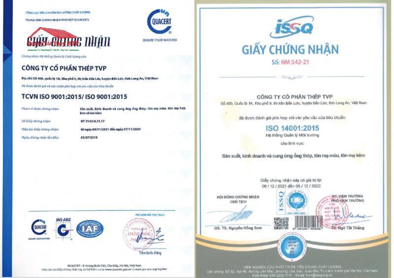Chứng nhận ISO về hệ thống quản lý và môi trường nhà máy thép TVP